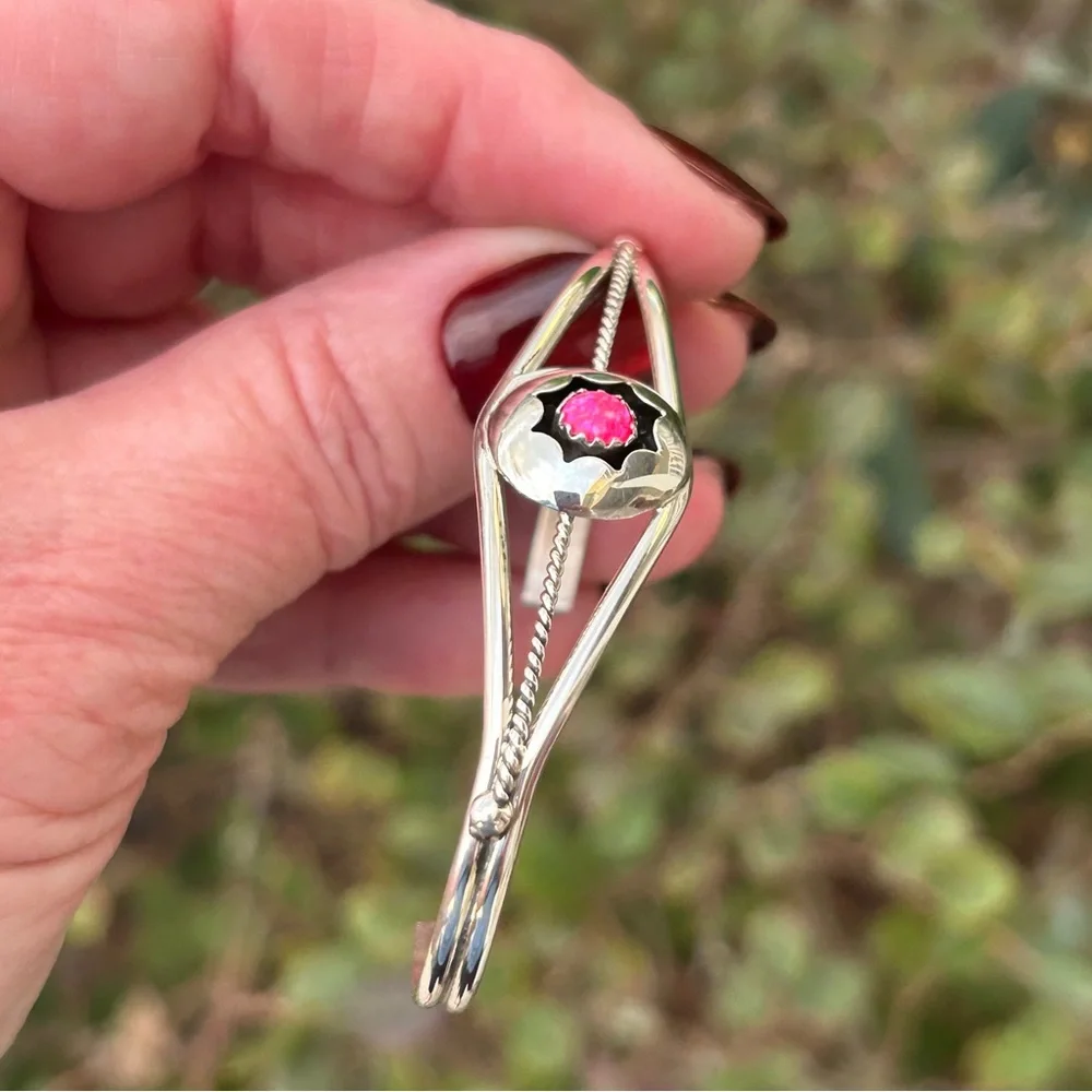 Navajo Hand Made 925 Sterling & Pink Opal Stone Cuff